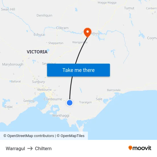 Warragul to Chiltern map