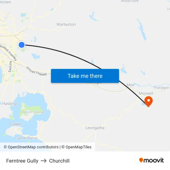 Ferntree Gully to Churchill map