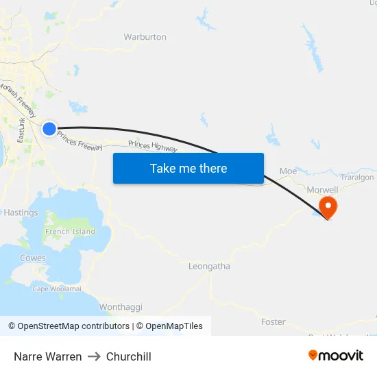 Narre Warren to Churchill map