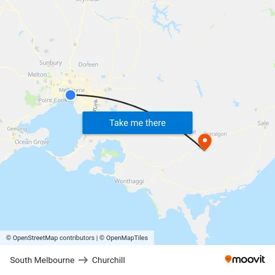 South Melbourne to Churchill map