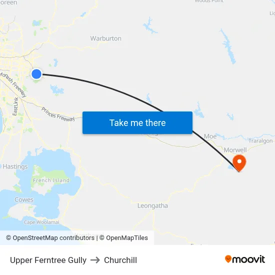 Upper Ferntree Gully to Churchill map