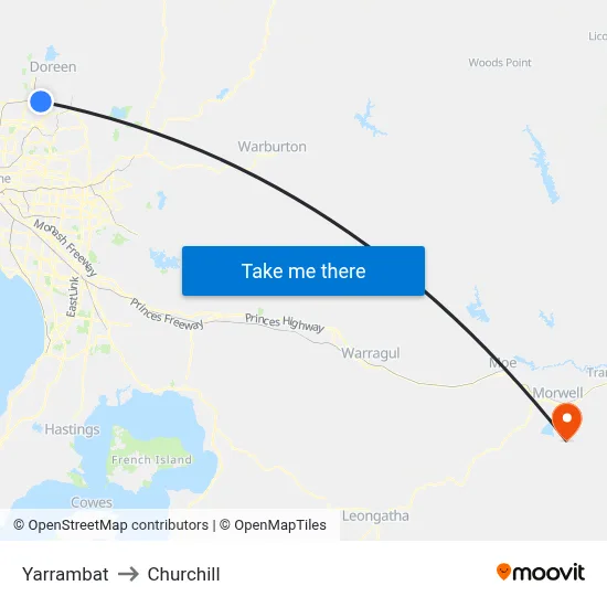Yarrambat to Churchill map