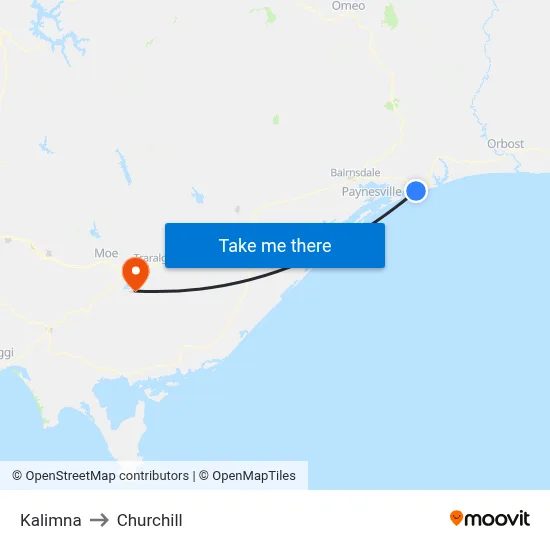Kalimna to Churchill map