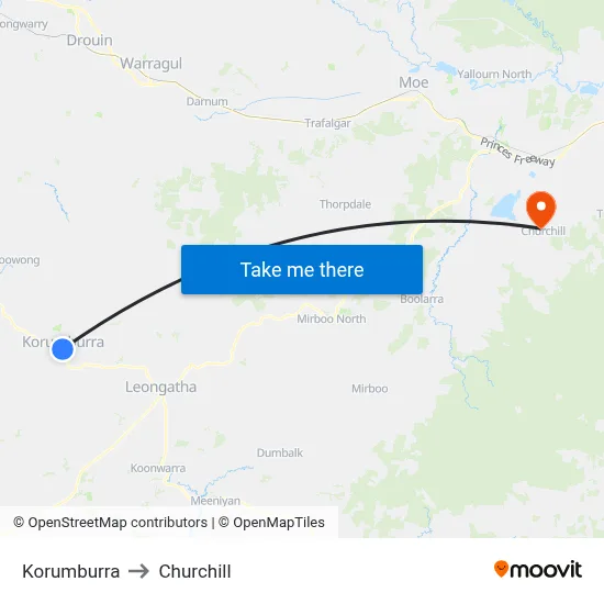 Korumburra to Churchill map