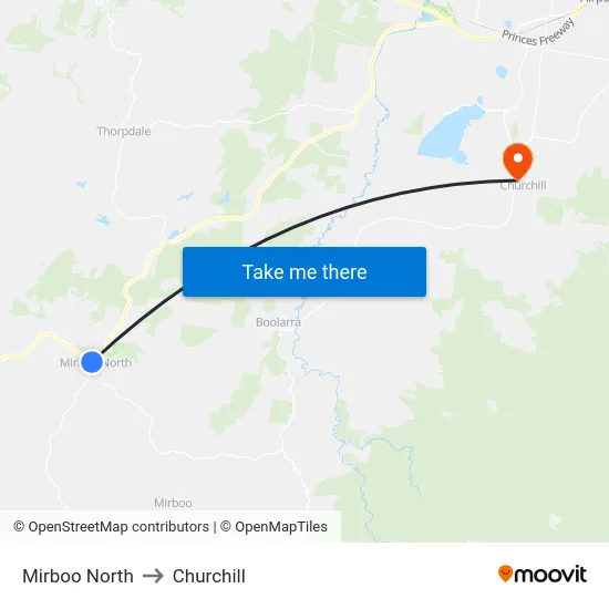 Mirboo North to Churchill map