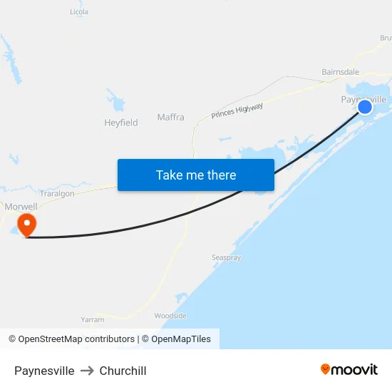 Paynesville to Churchill map