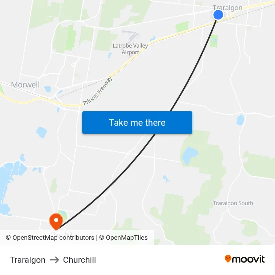 Traralgon to Churchill map