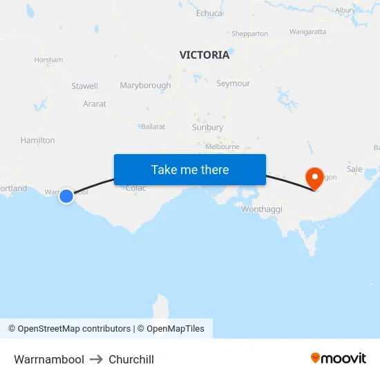 Warrnambool to Churchill map