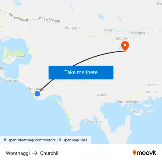 Wonthaggi to Churchill map