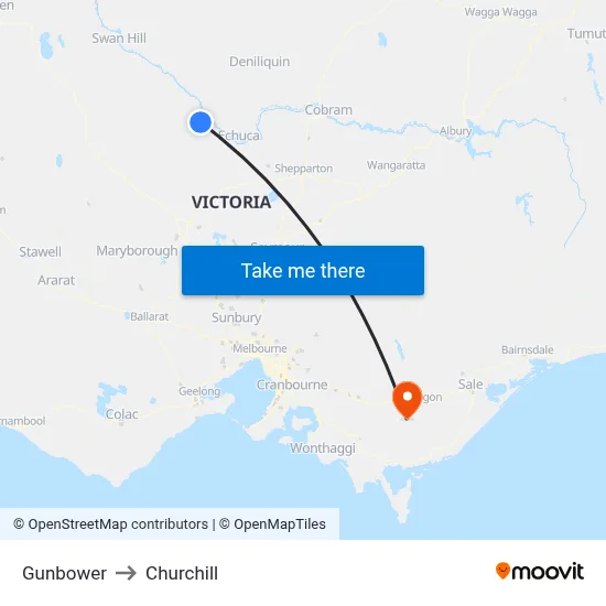 Gunbower to Churchill map
