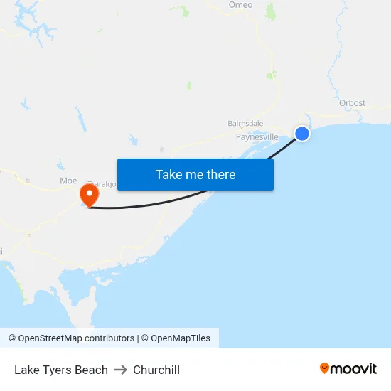 Lake Tyers Beach to Churchill map