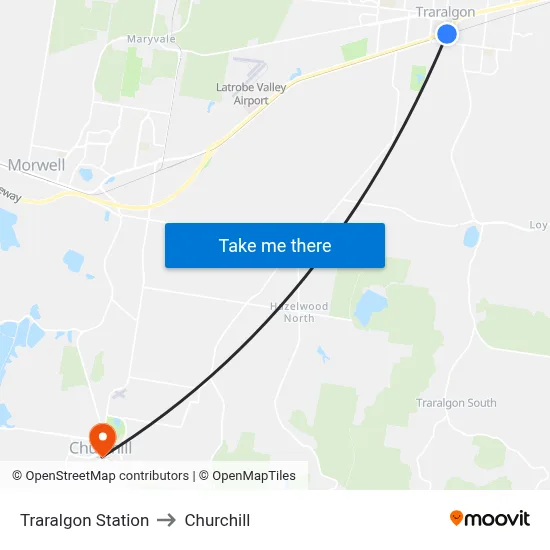 Traralgon Station to Churchill map
