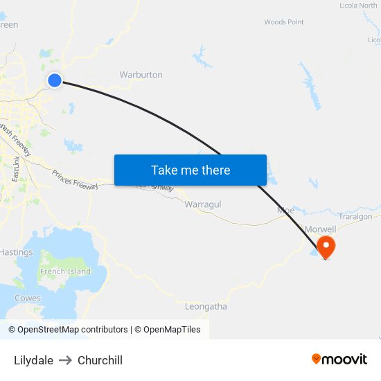 Lilydale to Churchill map