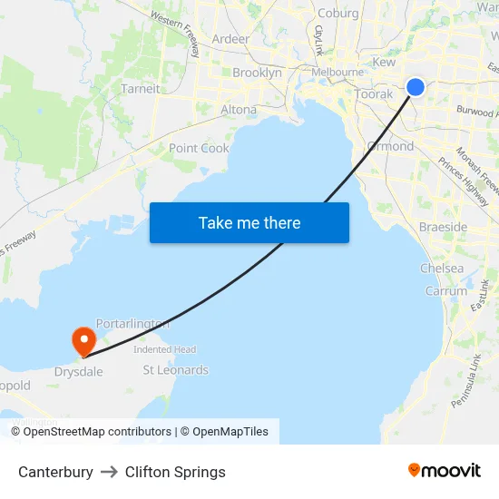 Canterbury to Clifton Springs map