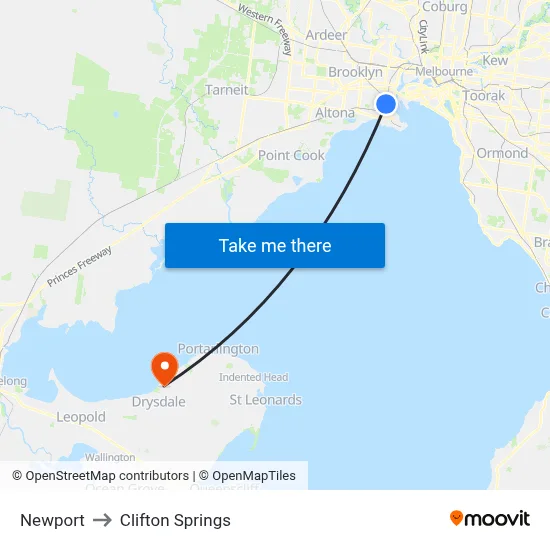 Newport to Clifton Springs map