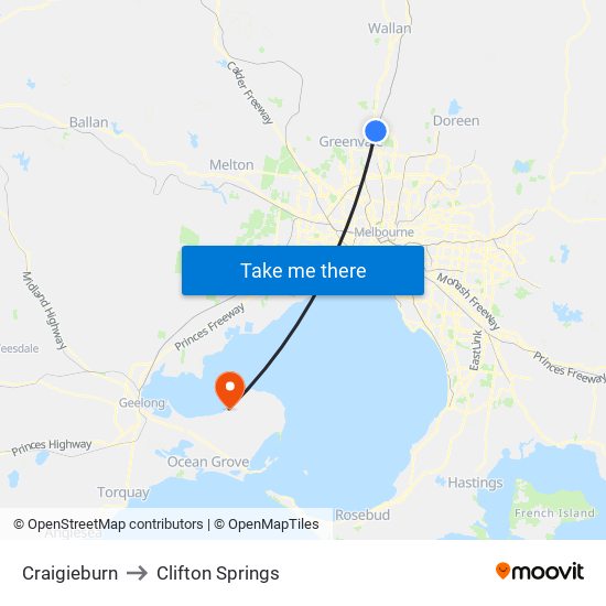 Craigieburn to Clifton Springs map