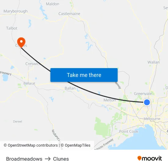 Broadmeadows to Clunes map