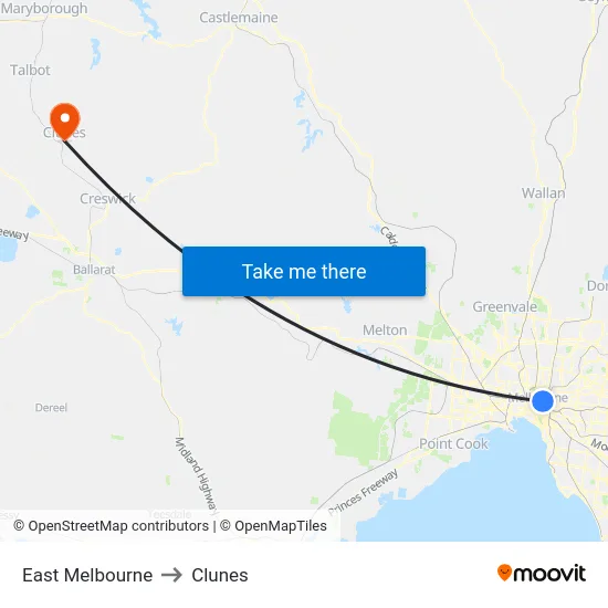 East Melbourne to Clunes map