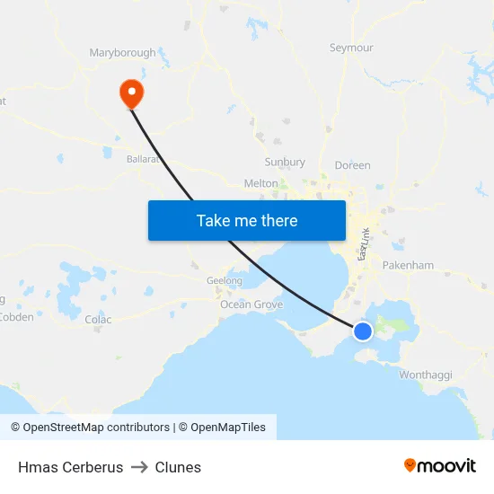 Hmas Cerberus to Clunes map