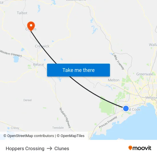 Hoppers Crossing to Clunes map