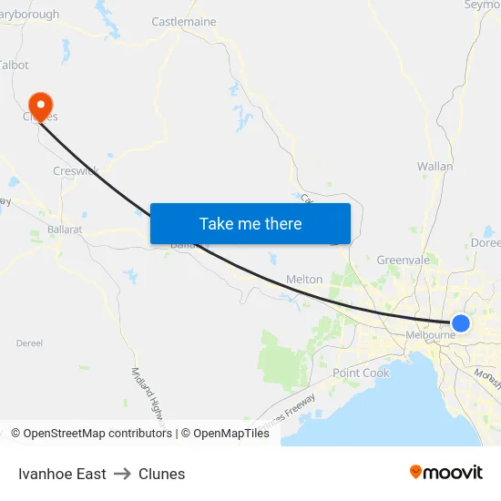 Ivanhoe East to Clunes map