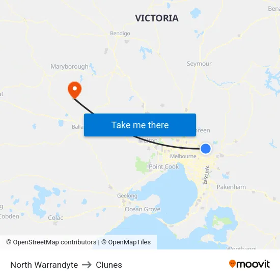 North Warrandyte to Clunes map