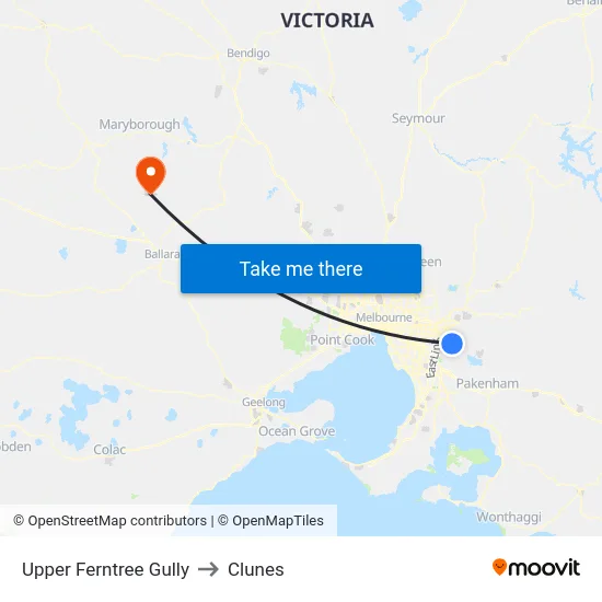 Upper Ferntree Gully to Clunes map