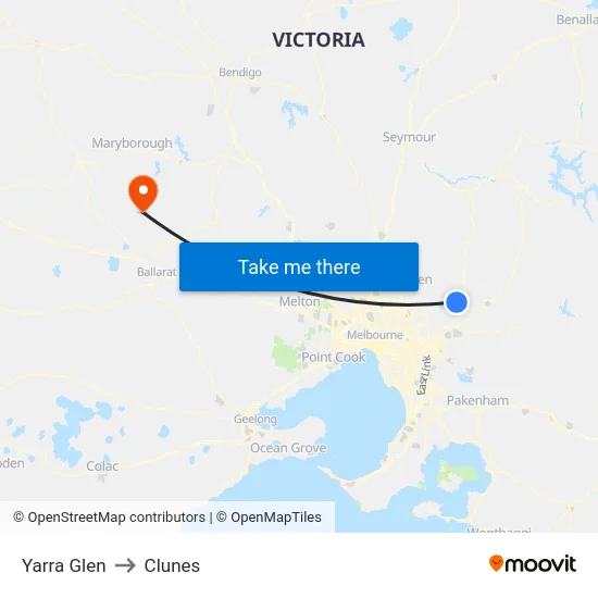 Yarra Glen to Clunes map