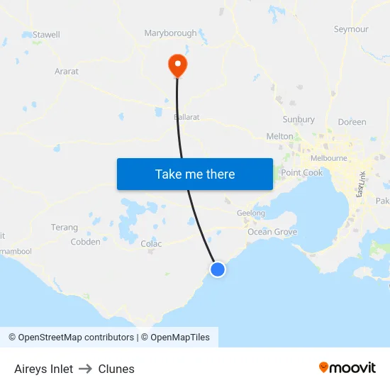 Aireys Inlet to Clunes map