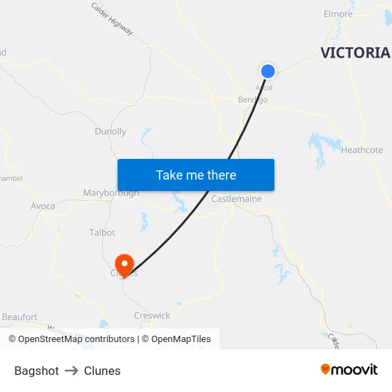 Bagshot to Clunes map