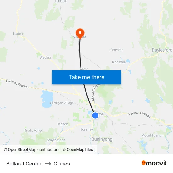 Ballarat Central to Clunes map