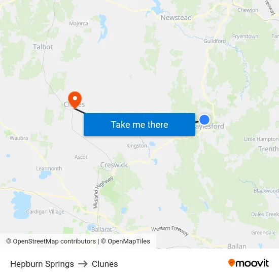Hepburn Springs to Clunes map