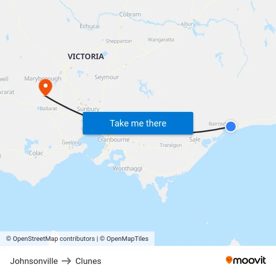 Johnsonville to Clunes map