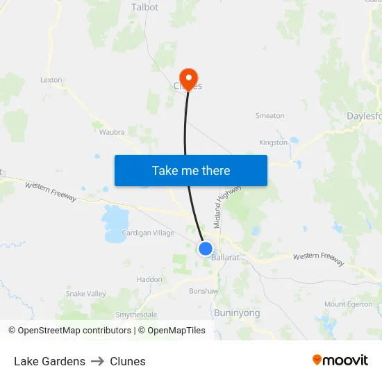 Lake Gardens to Clunes map
