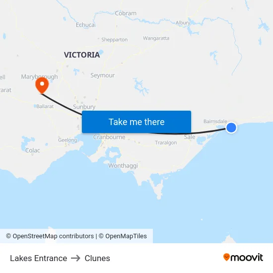Lakes Entrance to Clunes map