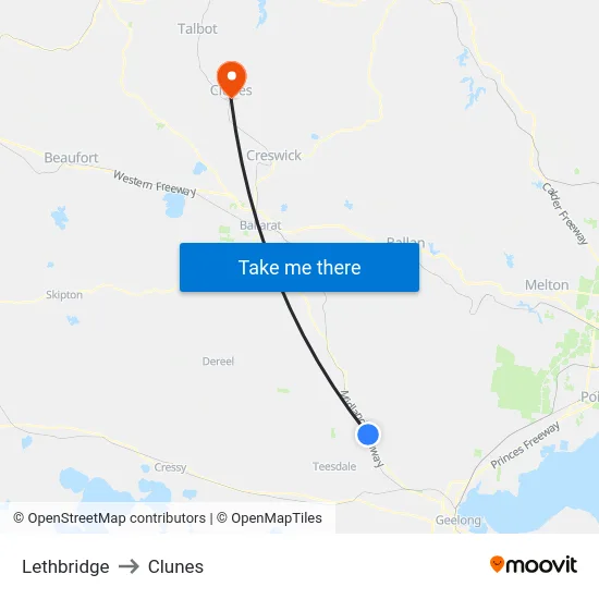 Lethbridge to Clunes map