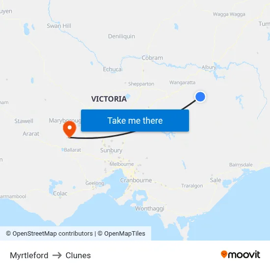 Myrtleford to Clunes map