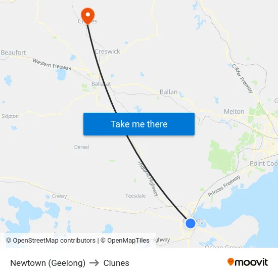 Newtown (Geelong) to Clunes map