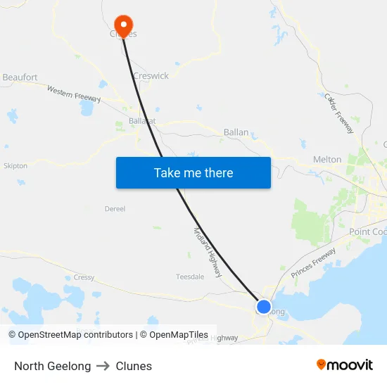 North Geelong to Clunes map