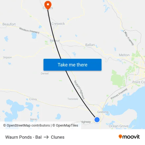 Waurn Ponds - Bal to Clunes map