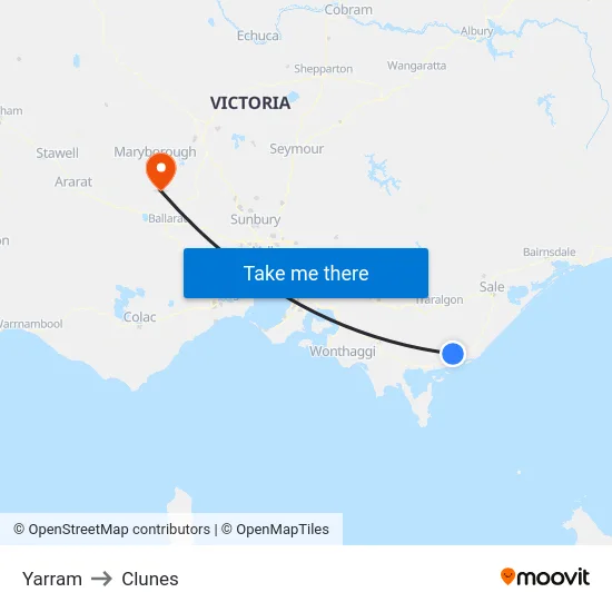 Yarram to Clunes map