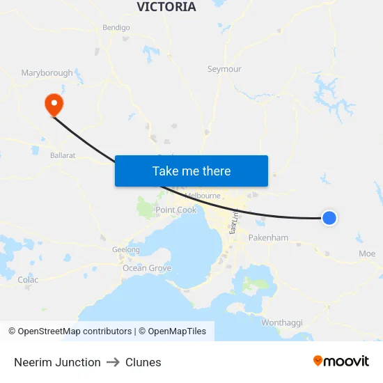 Neerim Junction to Clunes map