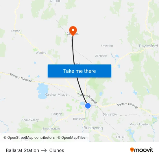 Ballarat Station to Clunes map