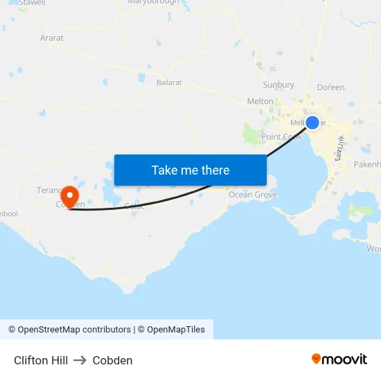 Clifton Hill to Cobden map