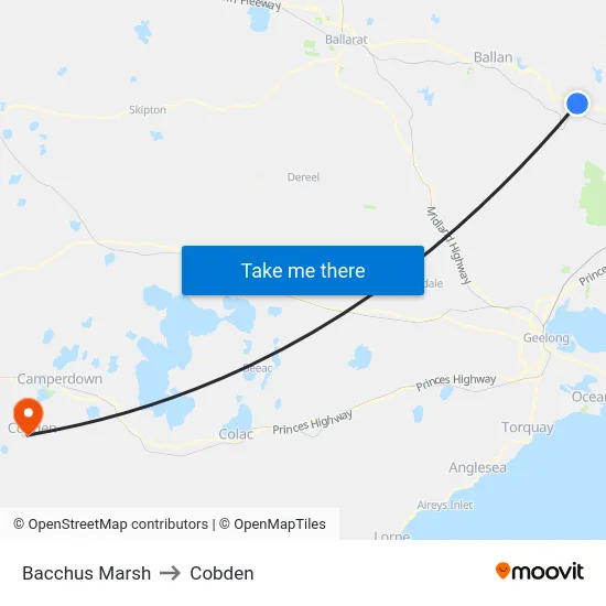 Bacchus Marsh to Cobden map
