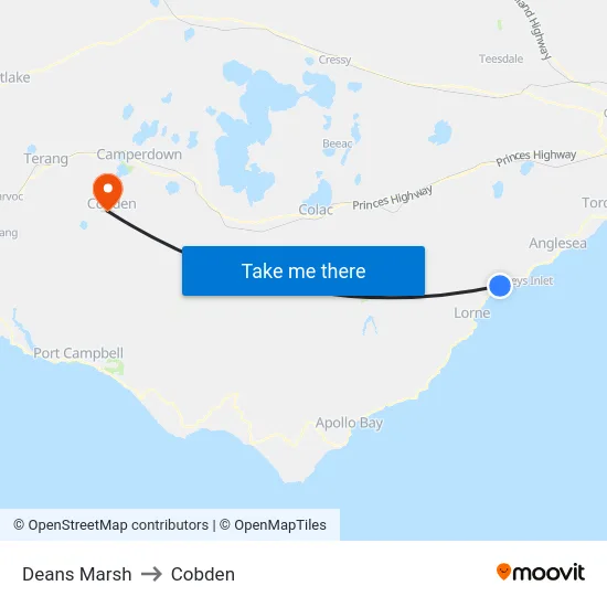 Deans Marsh to Cobden map