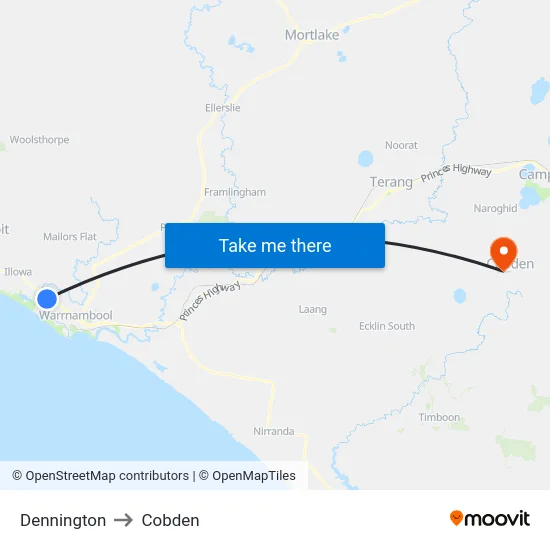 Dennington to Cobden map