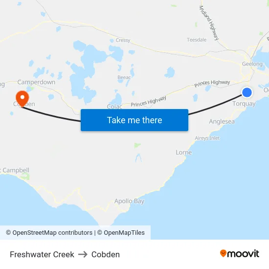 Freshwater Creek to Cobden map