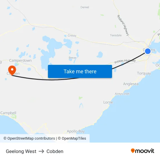 Geelong West to Cobden map
