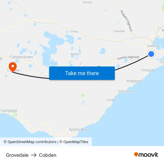 Grovedale to Cobden map